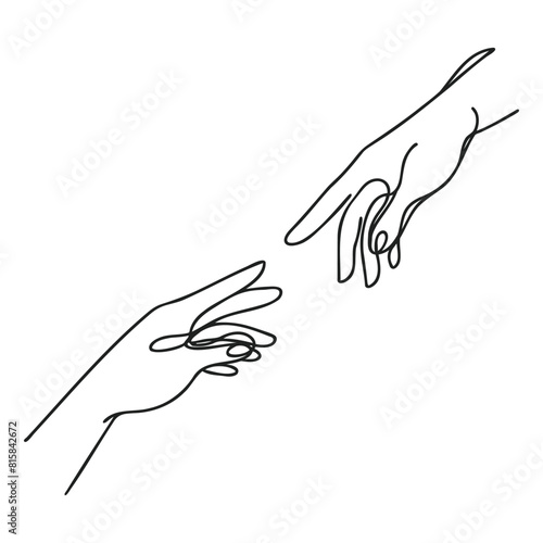 Continuous line vector illustration of two hands barely touching one another. Simple sketch of two hands made of one line, love concept.