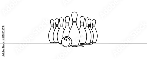 one continuous line drawing of bowling pins lined up on a bowling alley