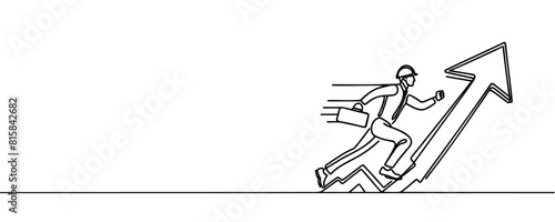 Continuous line art drawing of business man run into the top of up arrow for business, Vector illustration.