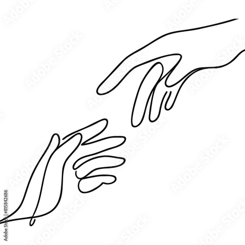 Continuous line vector illustration of two hands barely touching one another. Simple sketch of two hands made of one line, love concept.