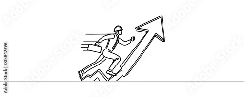 Continuous line art drawing of business man run into the top of up arrow for business, Vector illustration.