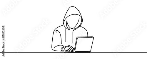 One line continuous cyber security hacker symbol. Silhouette of online financial security thief. vector illustration.