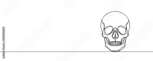 Human scull. One line continuous Halloween skull isolated on white background. Line art outline vector illustration.