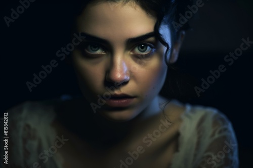 Close up portrait of a woman sat in darkness