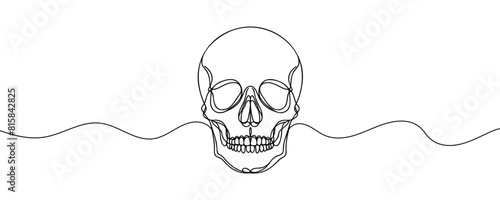 Human scull. One line continuous Halloween skull isolated on white background. Line art outline vector illustration.