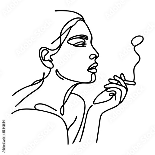 Woman with a cigarette in her mouth one line drawing on white isolated background
