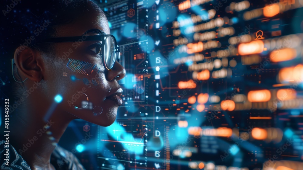 A young technology analyst immersed in a digital world, her face illuminated by the glow of futuristic data interfaces and cybernetic graphics. A young technology analyst immersed in a digital world, her face illuminated by the glow of futuristic data interfaces and cybernetic graphics.
