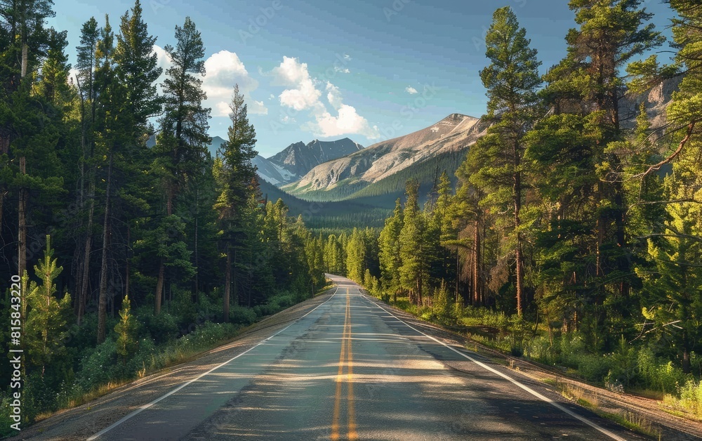 A serene road flanked by dense forests leading toward towering mountains.