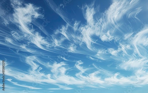 A serene blue sky with wispy white clouds drifting gently.