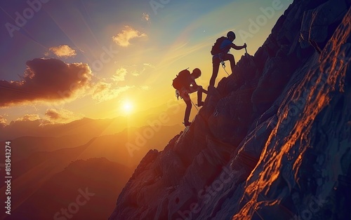A silhouetted person helps another climb a rugged mountain at sunset.