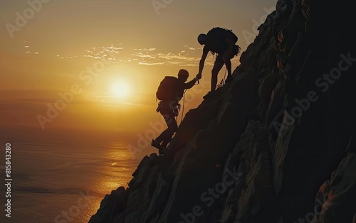 A silhouetted person helps another climb a rugged mountain at sunset.