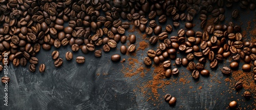Coffee beans scattered on a dark background.