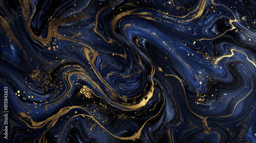 Bold swirls of indigo and gold hues disperse in water on black.