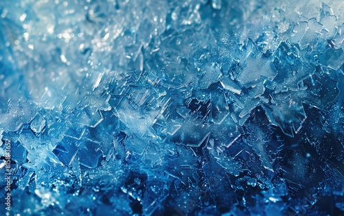 A textured close-up of frosty blue ice, delicate crystals, and chilling patterns.