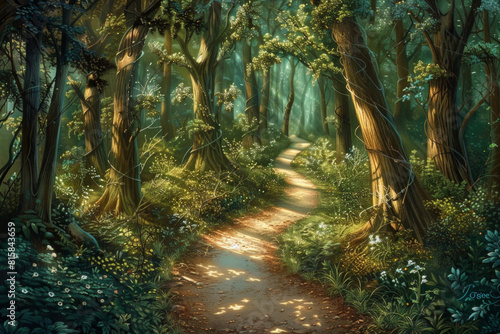 An enchanted forest path winding through towering trees, with sunlight filtering through the lush canopy and casting enchanting shadows on the forest floor © grey