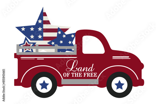 Patriotic red floral truck with holiday crackers and US flag illustration. Isolated on white background. 4th of July themed festive card design.