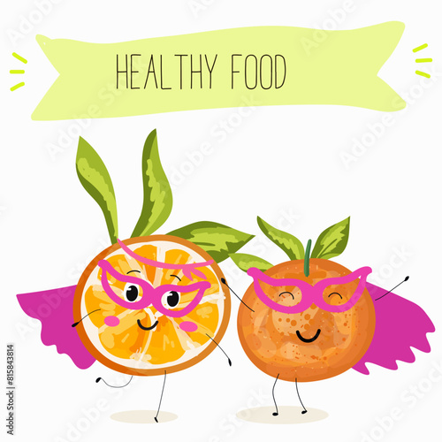 Cute tangerine, orange fruit characters, funny fruits, funny berry with different activities. Flat vector illustration. Organic food, healthy food, illustrations for kids menu, invitations.
