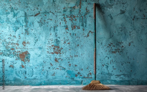 A weathered broom stands against a textured blue wall in a rustic setting.