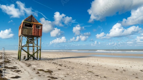 In northern Friesland, a wooden shelter on high stilts stands at the North Sea beach (De Drenkelingenhuisje) on the Dutch Wadden Sea island Terschelling. photo