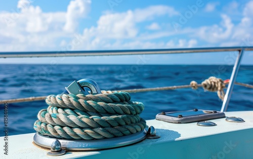 A winch with coiled rope on a boat against the blue sea. photo