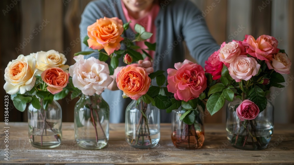 Obraz premium In this photo, a woman arranges a variety of roses in a glass vase. Roses are commonly grown for their flowers in gardens and sometimes indoors.