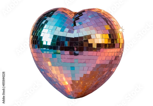 3D chrome volumetric disco ball in the shape of a heart, holographic mirror surface. Y2K style element on a transparent background.