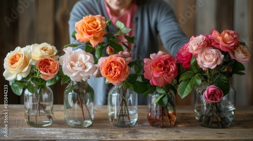 In this photo, a woman arranges a variety of roses in a glass vase. Roses are commonly grown for their flowers in gardens and sometimes indoors.