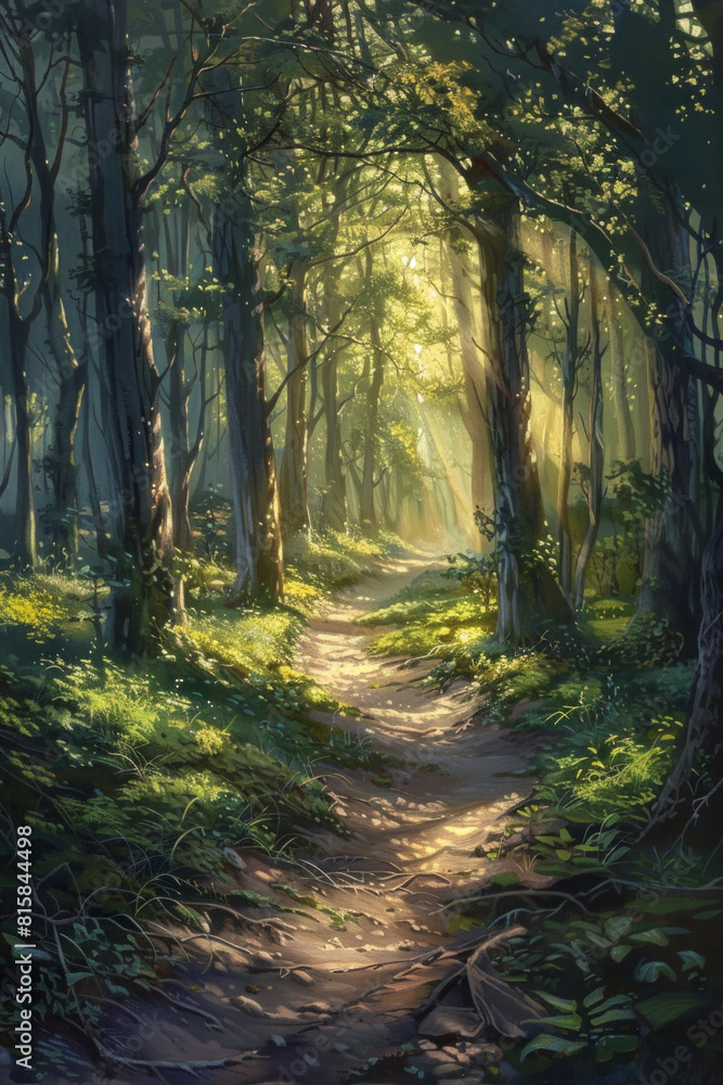 Obraz premium An enchanted forest path winding through towering trees, with sunlight filtering through the lush canopy and casting enchanting shadows on the forest floor