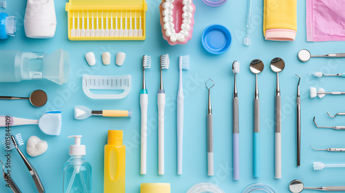 Collage with dental tools and supplies for oral hygiene