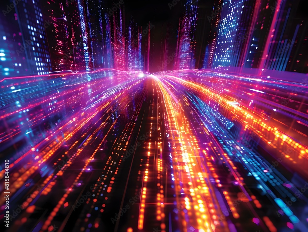 Vibrant Tech City Network with Beams of Digital Data Flowing Through Nighttime Cityscape Vibrant Tech City Network with Beams of Digital Data Flowing Through Nighttime Cityscape