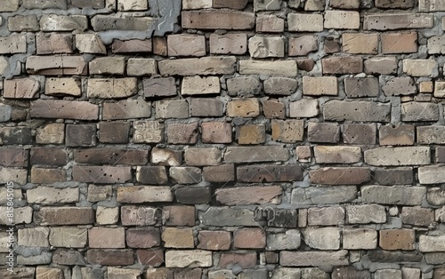 Aged brick wall with a seamless  staggered pattern in muted tones.
