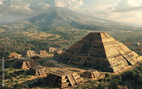 Ancient Mesoamerican pyramid surrounded by smaller structures and hilly landscape. photo