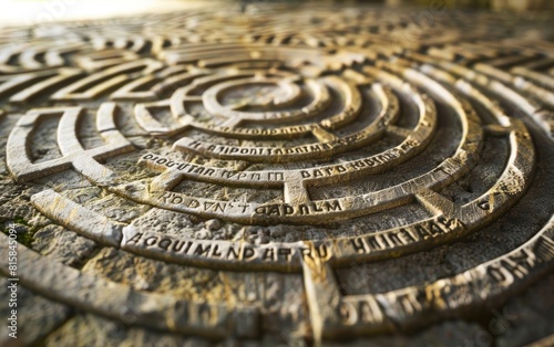 Ancient stone labyrinth engraving with inscribed Latin text.