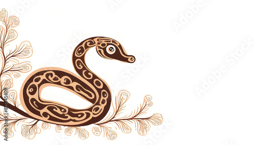 Wooden snake isolated on white background, festive card. Chinese new year 2025 symbol. Merry christmas and happy new year banner. Empty space for text, minimalist style.