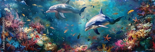 Dolphin in the water illustration, Beautiful, summer vibe, beach, ocean, sea, fish, background