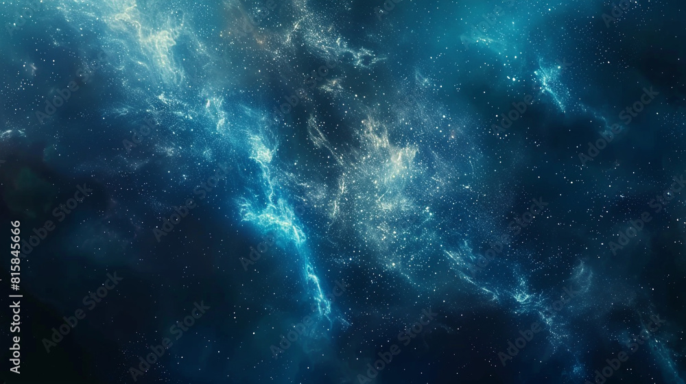 Cosmic shades of indigo and cyan blend in abstract celestial forms, invoking a sense of wonder in a vast cosmic expanse.
