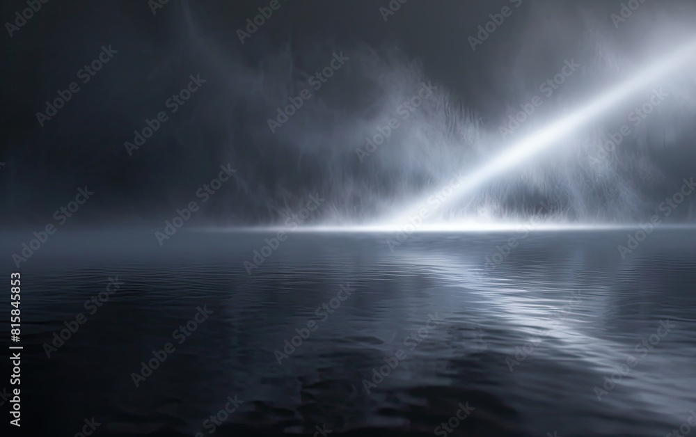 Beam of light piercing through misty darkness on a reflective surface.