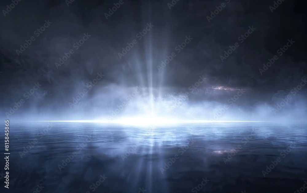 Beam of light piercing through misty darkness on a reflective surface.