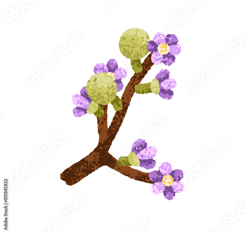 Floral branch in bloom. Beautiful spring blossom on tree twig. Delicate gentle summe flowers on sprig. Botanical decorative design element. Flat vector illustration isolated on white background