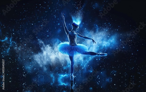 Ballerina exploding into blue cosmic dust in dark space.