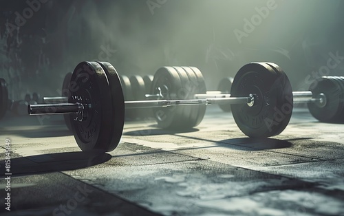 Barbell and weights in moody gym lighting.