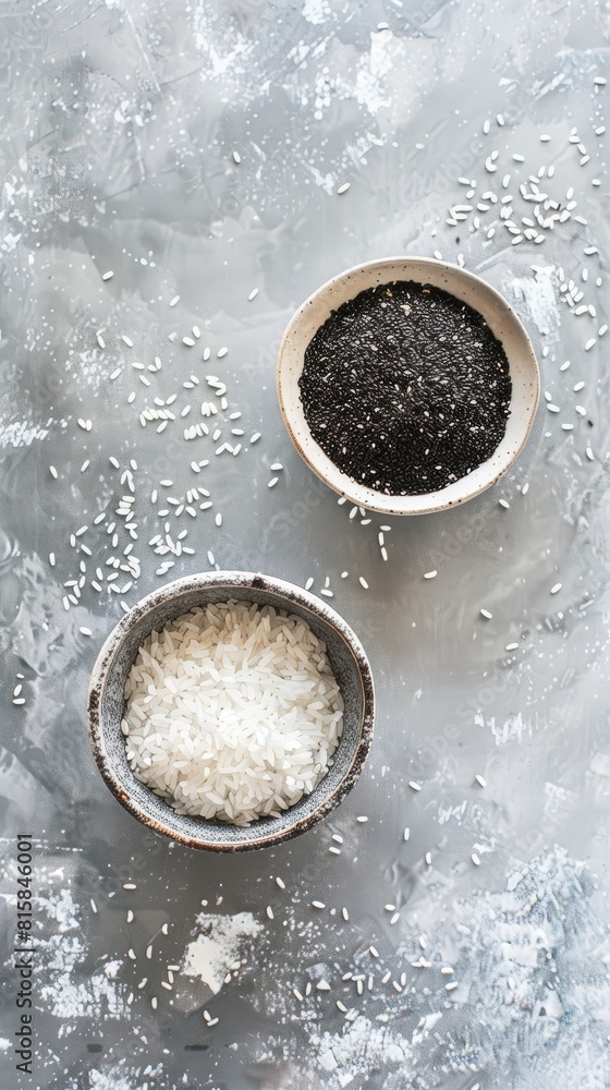 two bowls of brown and white rice accompanied by black chopsticks on a serene gray background, leaving space for textual additions. two bowls of brown and white rice accompanied by black chopsticks on a serene gray background, leaving space for textual additions.