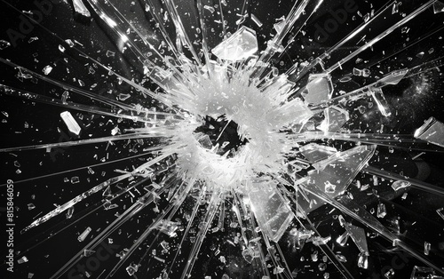 Black and white image of a shattered glass with a central impact point. © OLGA