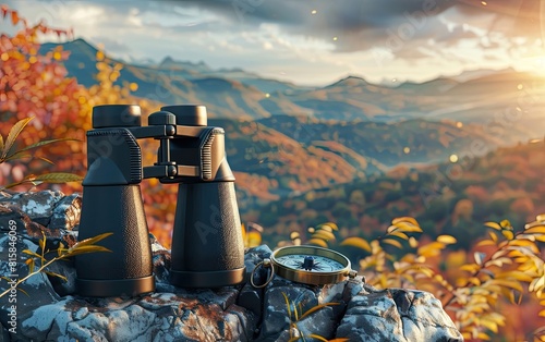 Binoculars and compass on a rocky peak overlooking a vibrant autumn landscape. photo