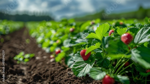 agricultural field growth  lush strawberry field with neatly planted rows of plants in green beds  thriving under the clear blue sky