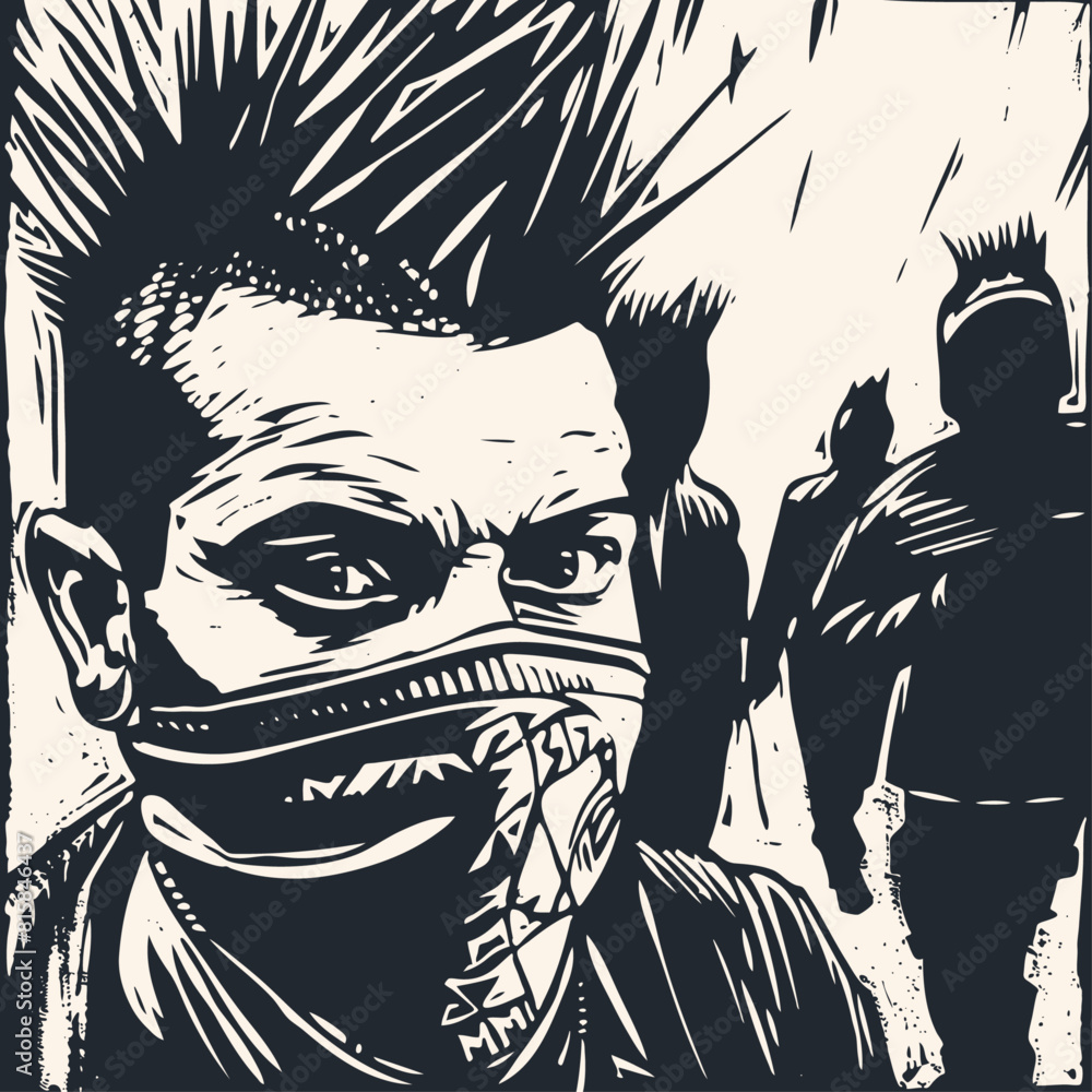 Punk with a mohawk hairstyle and a bandana on his face, vector ...