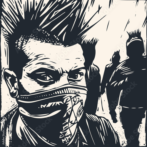 Punk with a mohawk hairstyle and a bandana on his face, vector illustration	