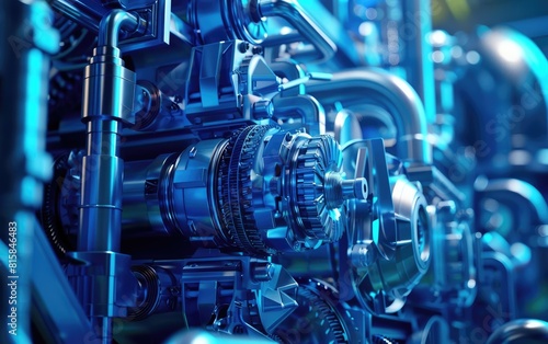 Blue industrial machinery with intricate mechanical details.