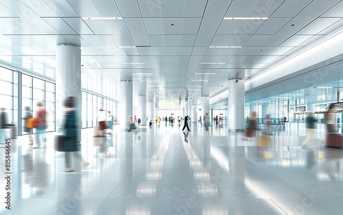 Blurred figures moving busily in a bright, modern, airy terminal. © OLGA