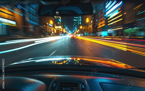 Blurry city lights streak past a car's windshield at high speed. © OLGA